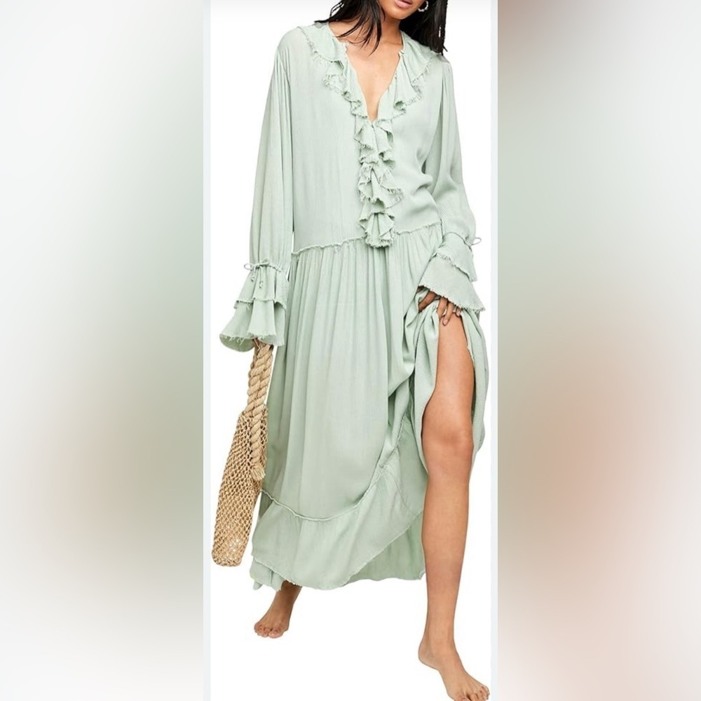 NWT Free People Sage Green Ruffled Long Sleeve Dress